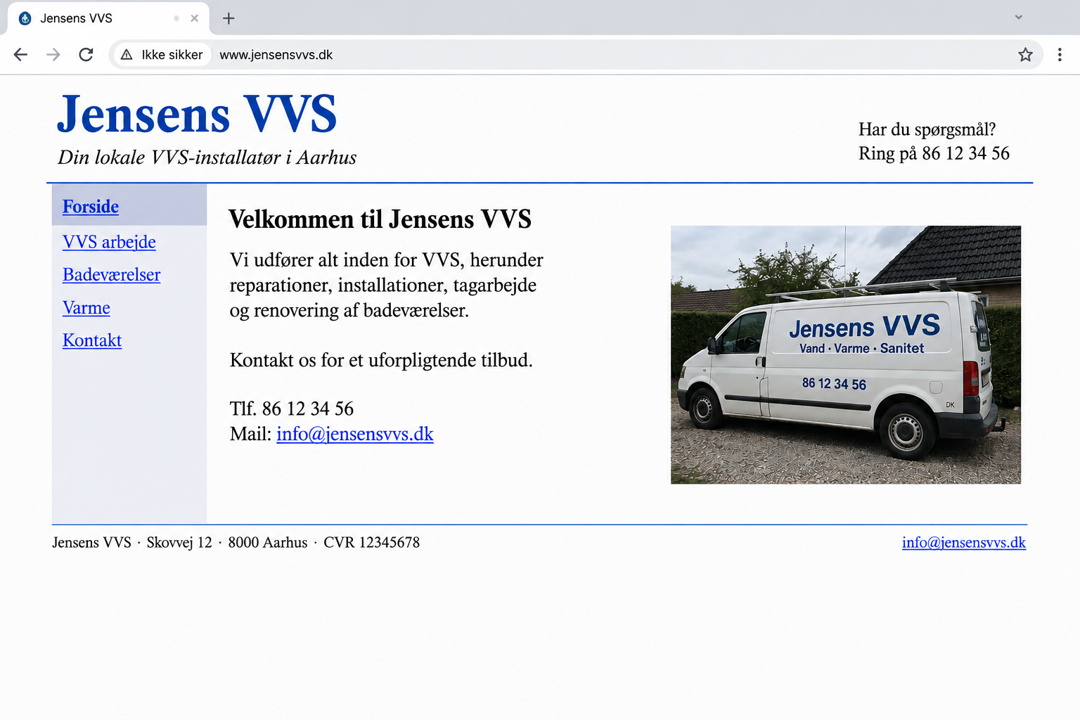 Jensens VVS hjemmeside før redesign